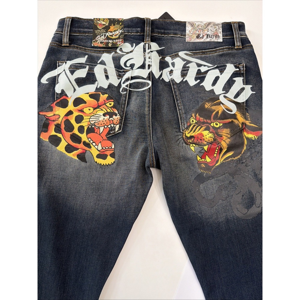 Ed Hardy Men's Stacked Boot Jeans Sz 30 NWT Tiger Panther Graphic Med Blast 5281
